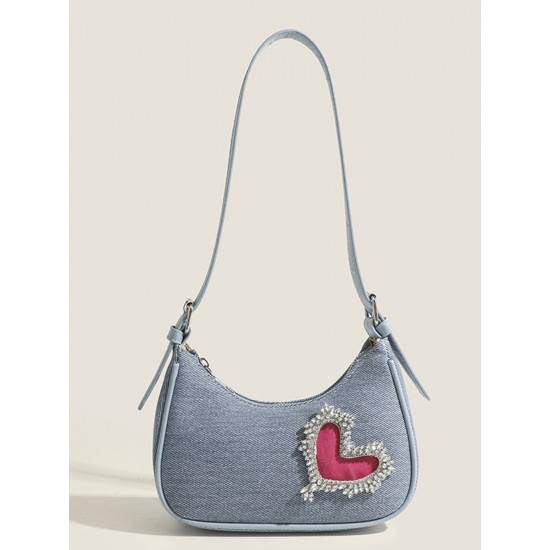 Denim Blue Heart Rhinestone Underarm Bag