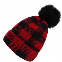 Red & Black Plaid Hairball Knitted Parent Hat