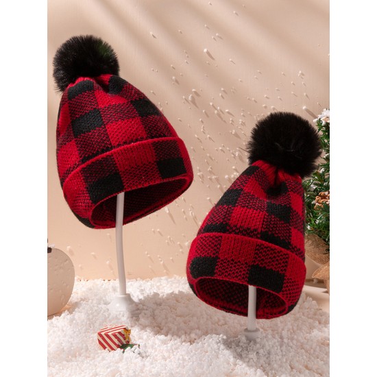 Red & Black Plaid Hairball Knitted Parent Hat