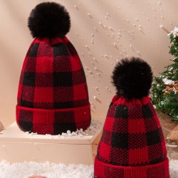 Red & Black Plaid Hairball Knitted Parent Hat