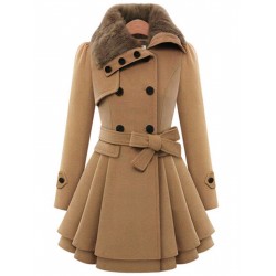 Christmas Fur Collar Waisted Woolen Coat