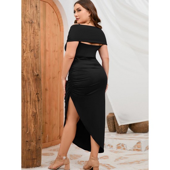 Plus Size  Solid Suspender Shawl Pleated Slim Dress