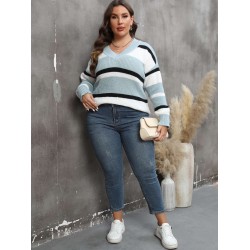 Plus Size  Yarn-Dyed Jacquard Striped Sweater