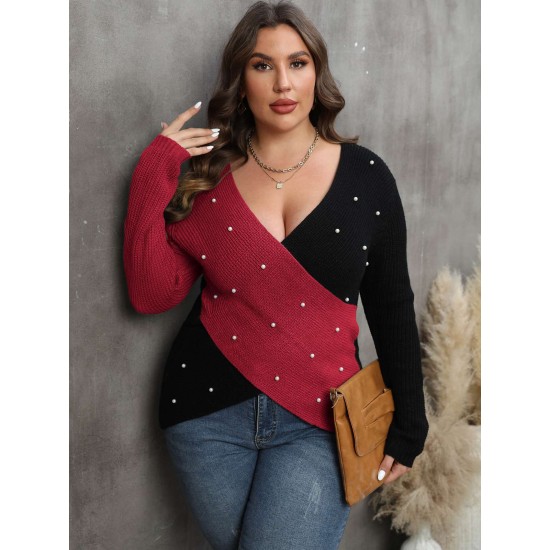 Plus Size  V-Neck Cross Sweater With Pearl