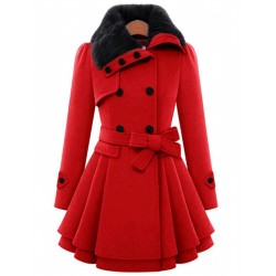 Christmas Fur Collar Waisted Woolen Coat