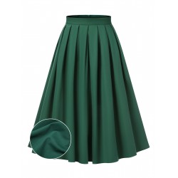 Green  Solid Pleated Skirts