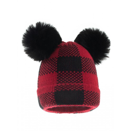 Red & Black Plaid Hairball Knitted Parent Hat