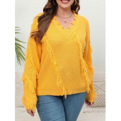 Plus Size Yellow  V-Neck Tassel Loose Sweater