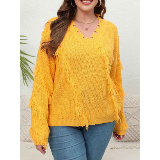 Plus Size Yellow  V-Neck Tassel Loose Sweater