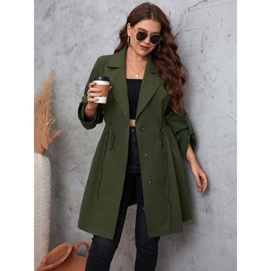 Plus Size Army Green  Solid Lapel Coat