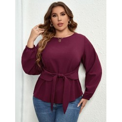 Plus Size Purple  Elastic Cuffs Tie-Up Top