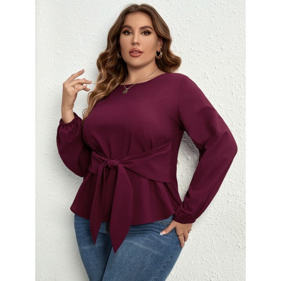 Plus Size Purple  Elastic Cuffs Tie-Up Top