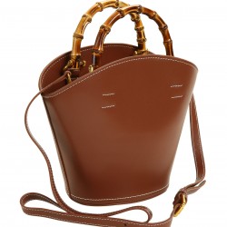 Vintage Caramel Leather Bamboo Handle Bucket Bag