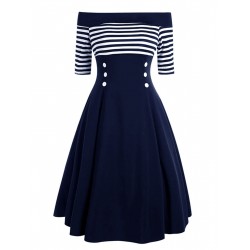 Navy  Off Shoulder Swing Dress