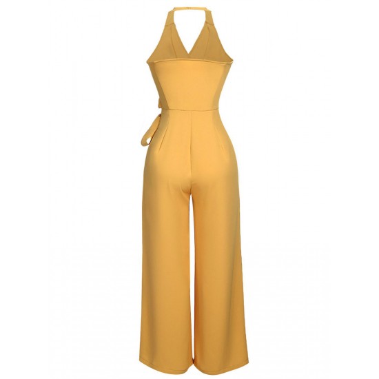 Yellow  Halter Lace-Up Jumpsuit