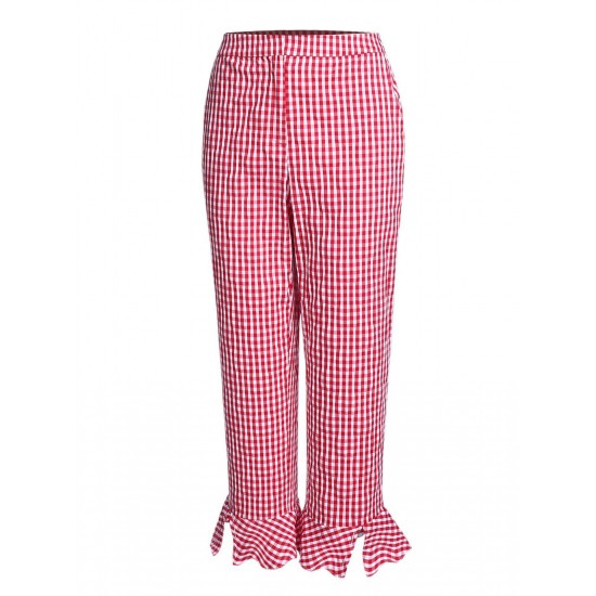 Red Checked Ruffled Split Pants