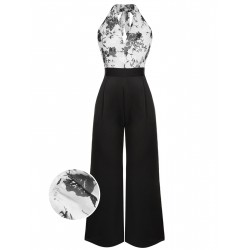 Black White  Floral Halter Strap Jumpsuit