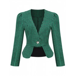 Green   Plaid Button Fitted Blazer