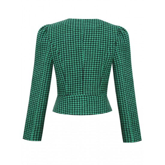 Green   Plaid Button Fitted Blazer