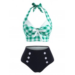 Green  Checked Halter Bowknot Bikini Set