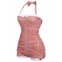 Checked  Halter Bowknot One-piece Swimsuit