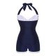 Navy Blue  Pleated Halter Swimsuit